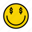 dollar, emoticon, feedback, money, smiley 