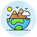 ecology, world, globe, mountain, cloud, birds, sun