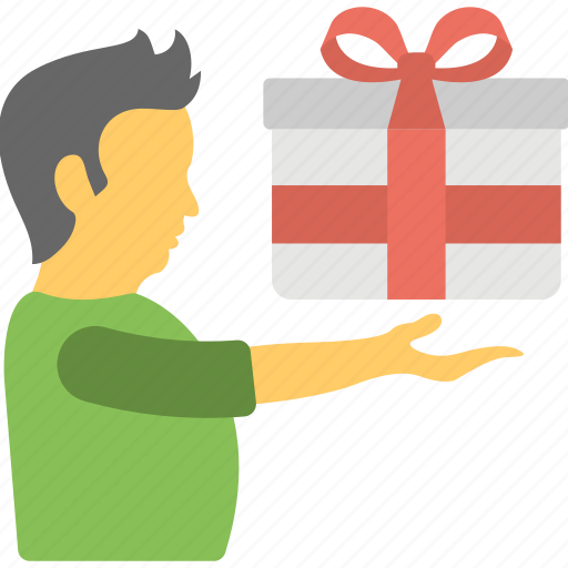 Boy gift, gift box, holding gift box, presenting gift, receiving gift icon - Download on Iconfinder