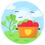 fruits, bucket, apples, landscape, nature, love, clouds 