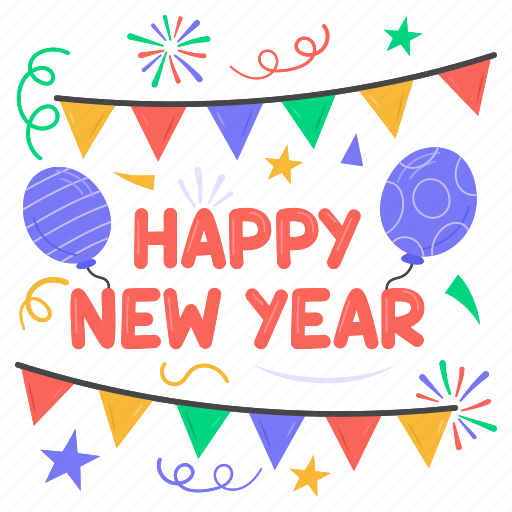 Happy new year, balloons, garlands, decoration, celebration, party, typography icon - Download on Iconfinder
