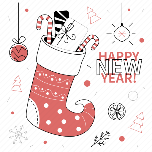 Happy, new, year, sock, gifts, christmas, tree illustration - Download on Iconfinder