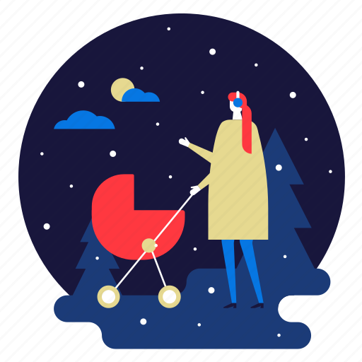 New, year, mom, stroller, winter, evening illustration - Download on Iconfinder
