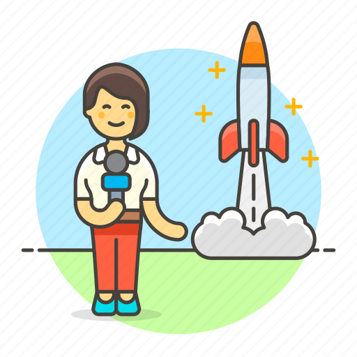 Broadcasting, female, journalist, launch, news, reporter, rocket icon - Download on Iconfinder