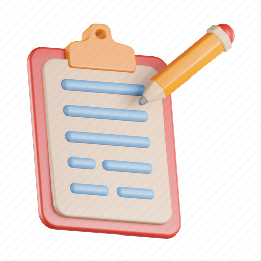 Paper, pencil, clipboard, checklist, write, list, document 3D illustration - Download on Iconfinder