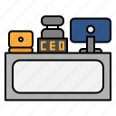 ceo, working, place, table, computer, office, supplies