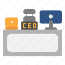 ceo, working, place, table, computer, office, supplies