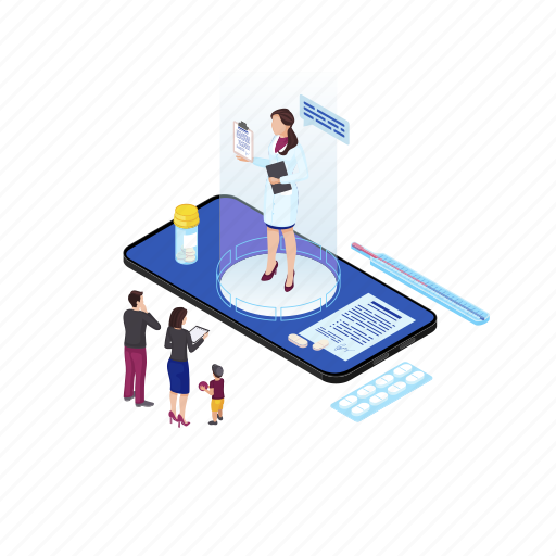 Family, doctor, hologram, remote, consulting illustration - Download on Iconfinder