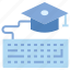 diploma, education, graduation cap, internet, keyboard, online education 