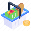 food bucket, grocery, grocery basket, hamper, grocery shopping items