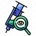 development, experiment, magnifying glass, medical, research, syringe, vaccine