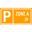 area, arrow, car, direction, parking, sign, zone 