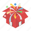 confetti, festive box, gift, gift box, present, surprise 