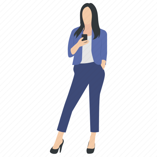 Female avatar, female using mobile, modern female, standing human, stylish girl icon - Download on Iconfinder