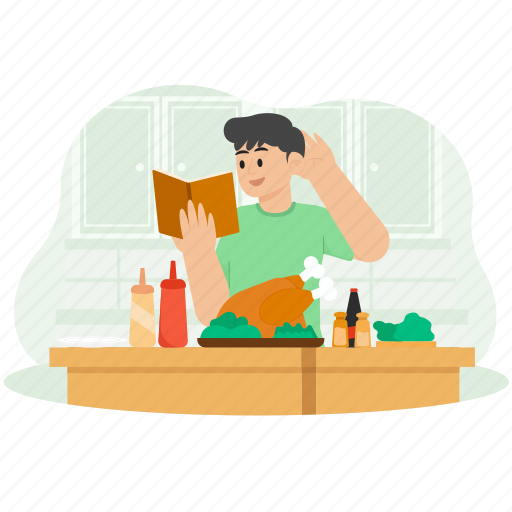 Man, cooking, chicken, recipe, book, learning, study icon - Download on Iconfinder