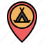 gps, location, map, pin, placeholder, pointer, tent 