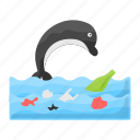 dolphin, water pollution, water wastage, garbage, contaminated water, fish