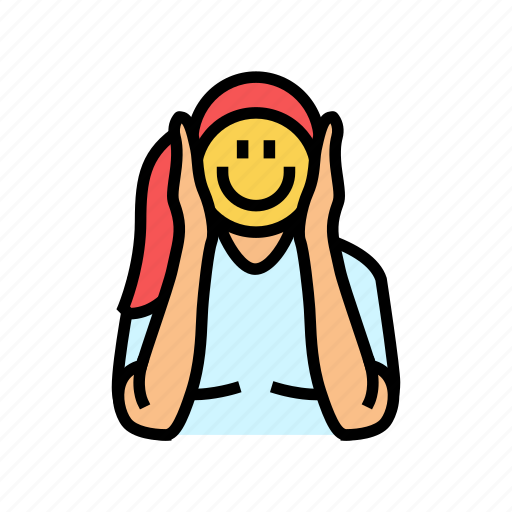 Woman, holding, emoticon, smiling, positive, mood icon - Download on Iconfinder
