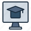 online, education, mortarboard, computer, course, learn, student, training, productivity 