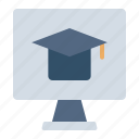 online, education, mortarboard, computer, course, learn, student, training, productivity