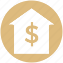 dollar, home, house, money, online, sign, think