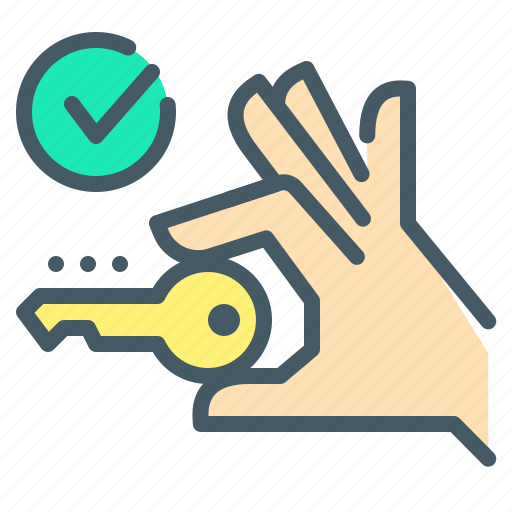 Hand, key, check mark, close on property, open, sell house icon - Download on Iconfinder