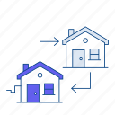 two houses, two arrows, property exchange, real estate transition, change in ownership, change house icon