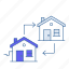 two houses, two arrows, property exchange, real estate transition, change in ownership, change house icon 
