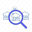 house, search, three houses, magnifying glass, property search focus, house exploration, finding the right house, focused search, estate