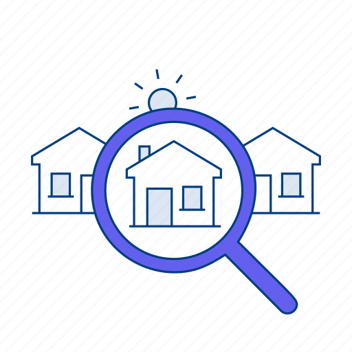 House, search, three houses, magnifying glass, property search focus, house exploration, finding the right house icon - Download on Iconfinder