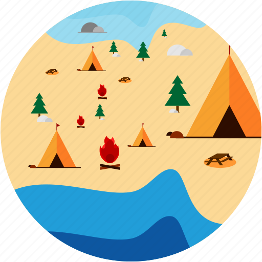 Activities, camping, campsite, fire, recreational, tent, trees icon - Download on Iconfinder