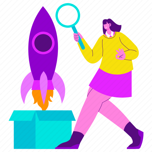 Product review, checking, box, rocket launching, magnifier, creative agency, startup illustration - Download on Iconfinder