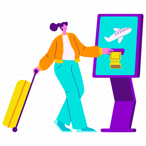 Check-in ticket, flight, boarding, online, girl, travel, traveling illustration - Download on Iconfinder