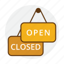 closed, label, open, restaurant, shop, sign, store 