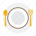 fork, plate, restaurant, setting, spoon, table 