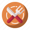 cutlery, fork, kitchen, knife, plate, restaurant, tool