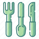 cutlery, fork, kitchen, knife, restaurant, spoon, tool 