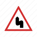 double bend, left, road sign