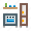 kitchen, stove, shelf, cupboard, room, interior, dining room 