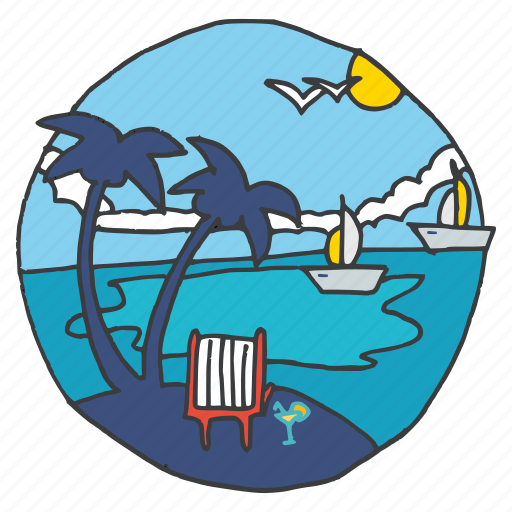Beach, boats, coconut trees, recreation, sunny, vacation, tourism icon - Download on Iconfinder