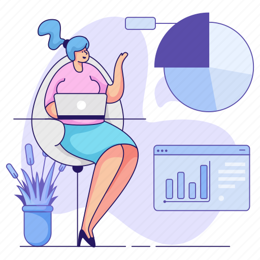 Business, workflow, woman, pie, chart, laptop, computer illustration - Download on Iconfinder