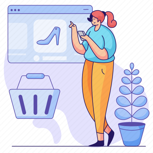E, commerce, woman, online, shopping, shoe, footwear illustration - Download on Iconfinder