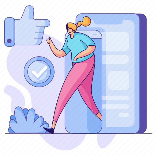 Social, media, woman, smartphone, network, thumbs, up illustration - Download on Iconfinder