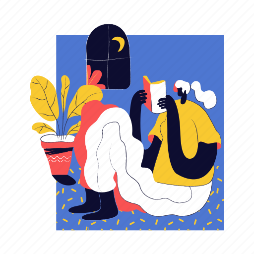 Leisure, woman, reading, book, home, night, window illustration - Download on Iconfinder