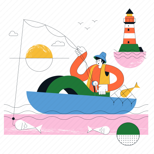 Hobby, activity, man, fishing, pole, boat, lighthouse illustration - Download on Iconfinder