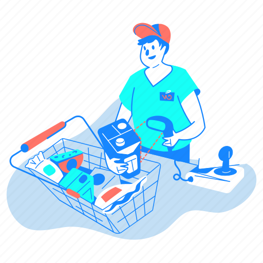 Scan, shopping, cashier, man, groceries illustration - Download on Iconfinder