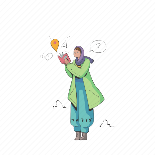 Travel, woman, guide, book, location, direction illustration - Download on Iconfinder