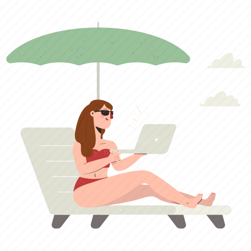 Holidays, travel, leisure, woman, laptop, communication, beach illustration - Download on Iconfinder