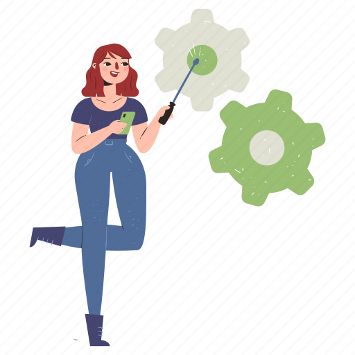 Settings, options, preferences, gear, woman, screwdriver illustration - Download on Iconfinder