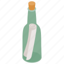bottle, glass, help, isometric, message, note, sea